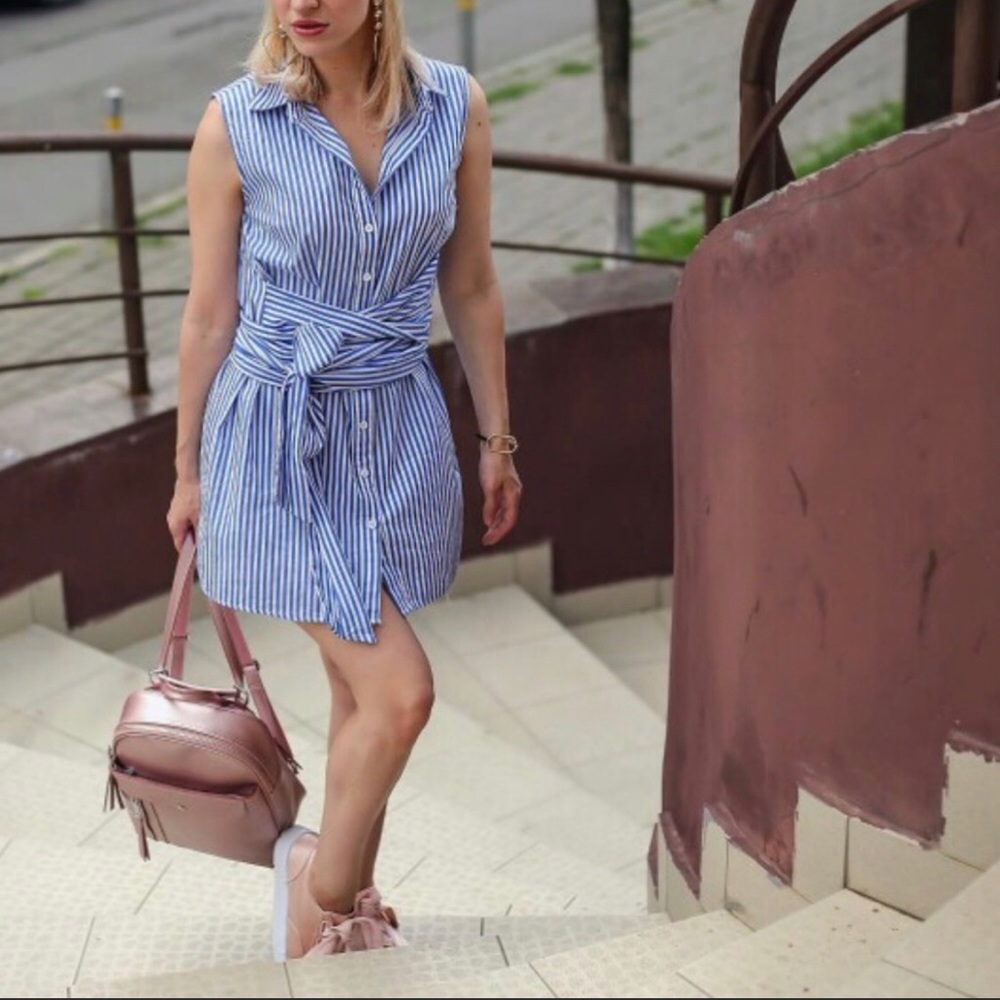 Blue/white stripe tie waist button-up shirt dress.